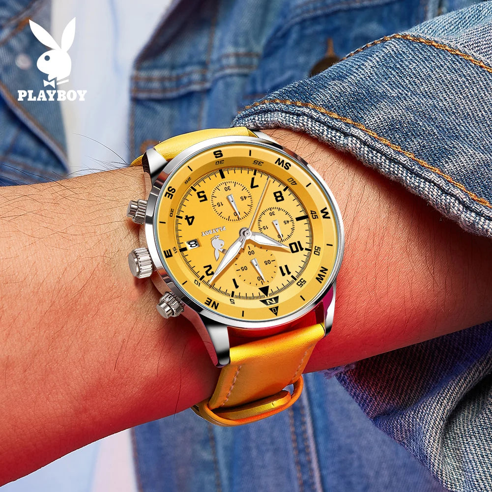 PLAYBOY Luxury Quartz Men's Watches Fashion Casual Leather Strap Sports Chronograph Wristwatch Original Waterproof Watches 3303