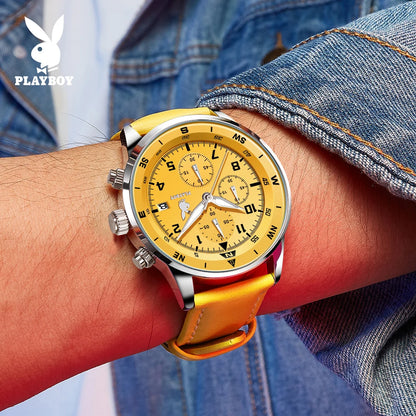 PLAYBOY Luxury Quartz Men's Watches Fashion Casual Leather Strap Sports Chronograph Wristwatch Original Waterproof Watches 3303