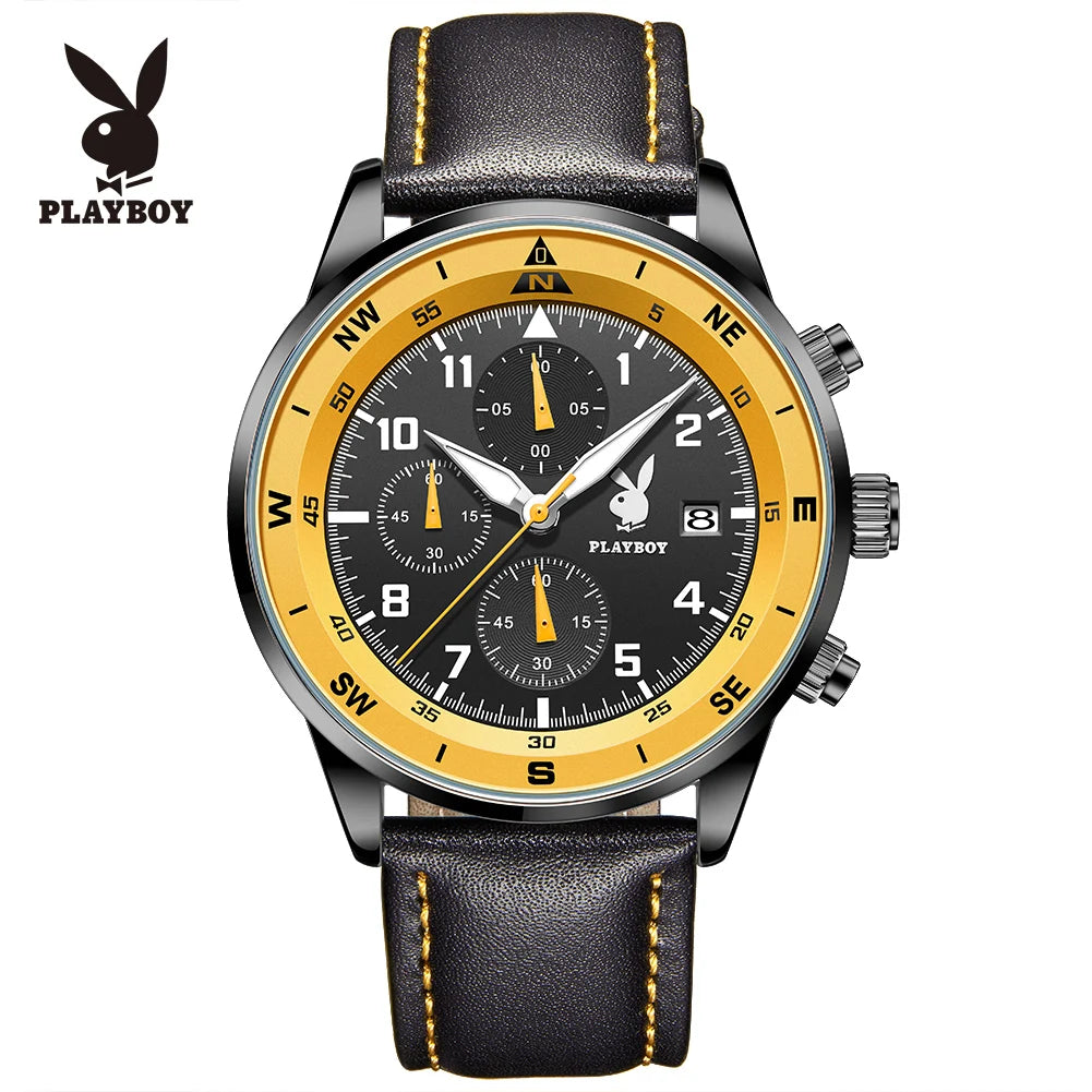 PLAYBOY Luxury Quartz Men's Watches Fashion Casual Leather Strap Sports Chronograph Wristwatch Original Waterproof Watches 3303
