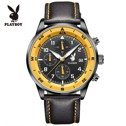 PLAYBOY Luxury Quartz Men's Watches Fashion Casual Leather Strap Sports Chronograph Wristwatch Original Waterproof Watches 3303