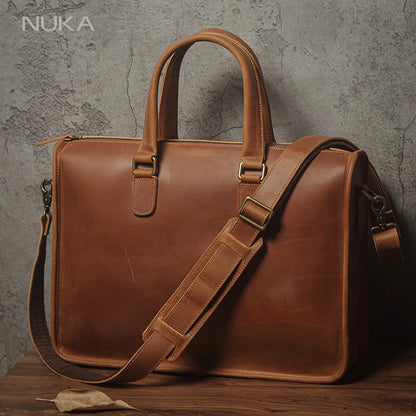 NUKA Men's Executive Briefcase High Quality Real Leather Business Handbag Retro Original Cowhide Shoulder Bag For 15 Inch Laptop
