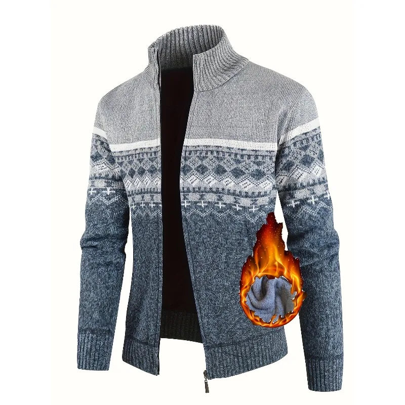 Men's Zip Up Fair Isle Cardigan Sweater Warm Knit Jacquard Stand Collar Casual Winter Pullover with Thermal Lining