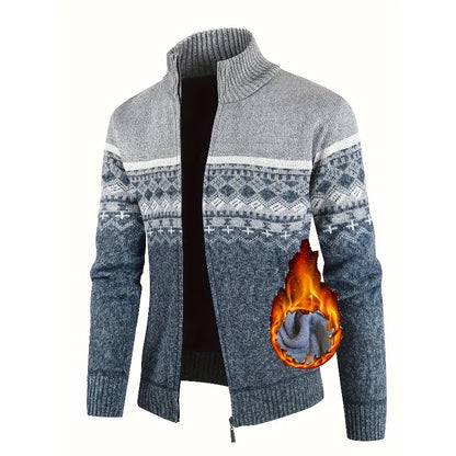Men's Zip Up Fair Isle Cardigan Sweater Warm Knit Jacquard Stand Collar Casual Winter Pullover with Thermal Lining