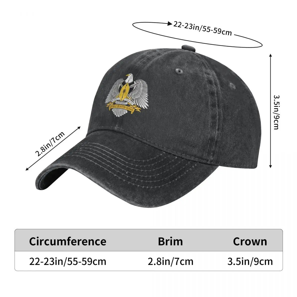 Men Baseball Cap South Sudan Emblem Charcoal Washed Denim Classic Vintage Cotton Dad Trucker Hat Unisex Adult