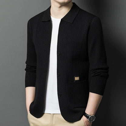 High-Quality Men's Knitted Cardigans Solid Color Simple Business Lapel Knitwear Coat Man Autumn New Long Sleeves Sweater Jacket