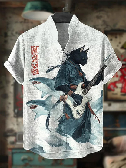Men's Cat Print Short-Sleeve Shirt, Stand Collar Retro Casual Top, Breathable Slim Fit Shirt, Outdoor Casual Hawaiian Shirt