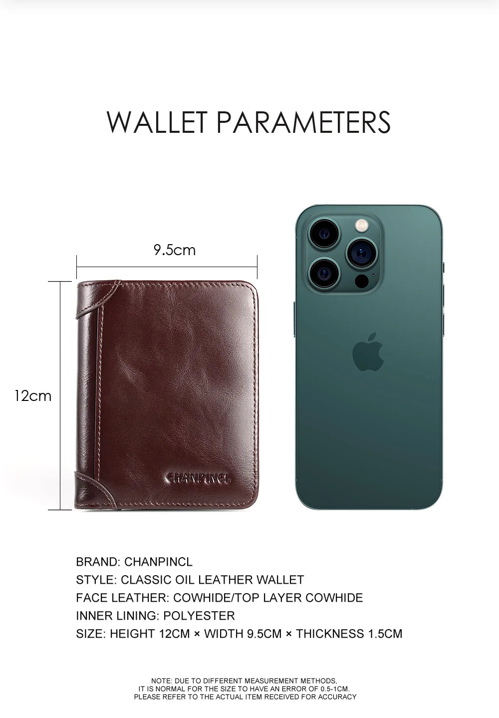 CHANPINCL Men's Italian Top-Grain Cow Leather Slim Tri-Fold Vertical Wallet – Multi-Card, RFID Blocking & Gift Box