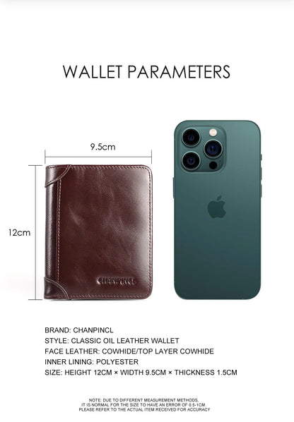 CHANPINCL Men's Italian Top-Grain Cow Leather Slim Tri-Fold Vertical Wallet – Multi-Card, RFID Blocking & Gift Box