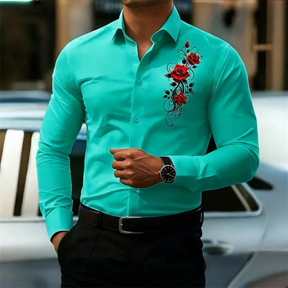 Men's long-sleeved shirt, featuring a vintage red rose print design.  A stylish business casual shirt and fashionable men's top.