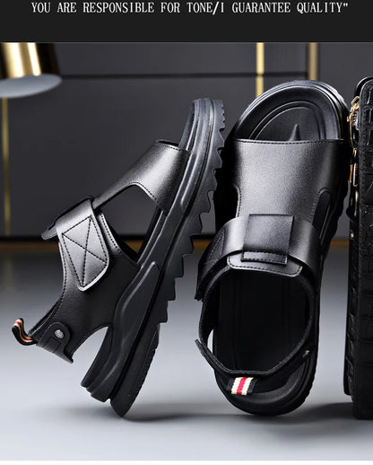 Cow Leather Men's Sandals 2026 Summer New Designer Soft Sole Fashion Casual Beach Shoes Male Black Platform Sandals Man