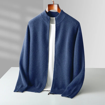 100% Merino Wool Men's Warm Sweater Mock Collar Thickened Zippered Cardigan Autumn Winter New Cashmere Knitted Long Sleeve Tops