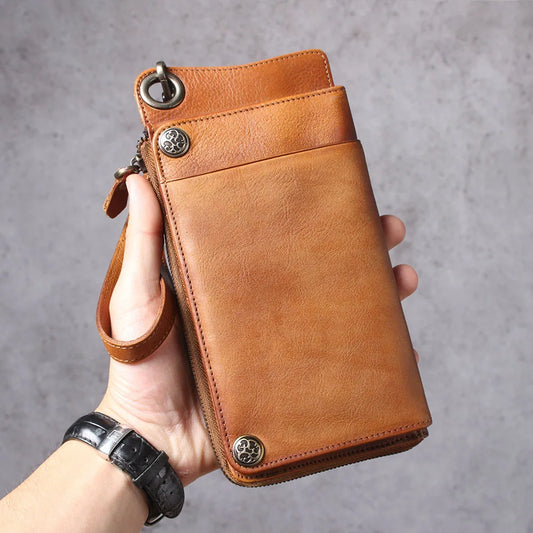 S.WORKER Full Grain Leather Long Wallet Men's Clutch Bag Genuine Leather Classic Purse Card Holder For Men