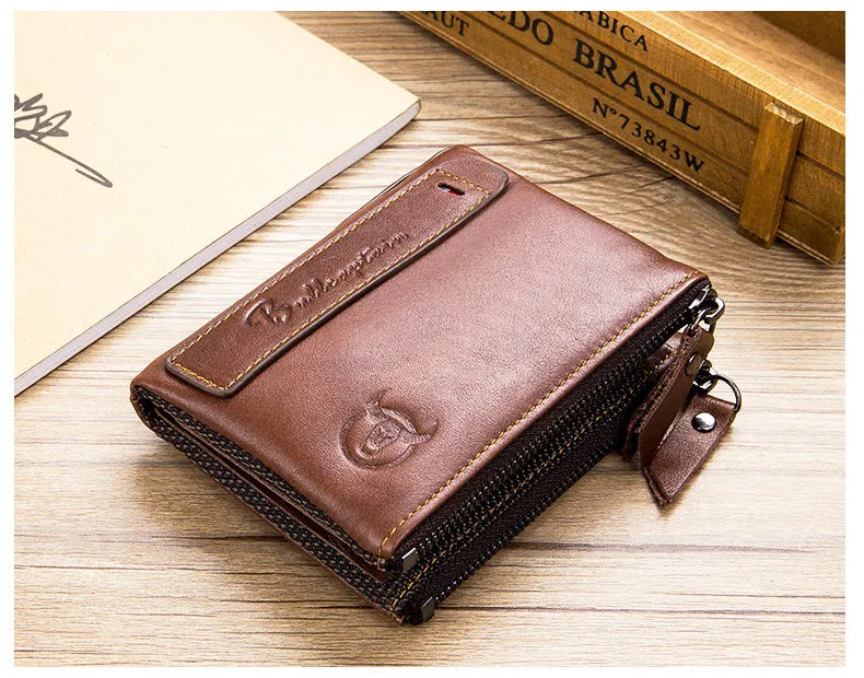 BULLCAPTAIN retro leather men's wallet leather zipper buckle short money wallet card holder coin purse RFID wallet QB06