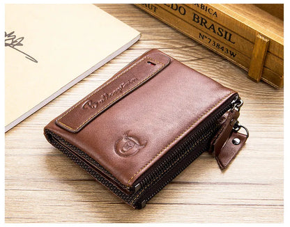 BULLCAPTAIN retro leather men's wallet leather zipper buckle short money wallet card holder coin purse RFID wallet QB06