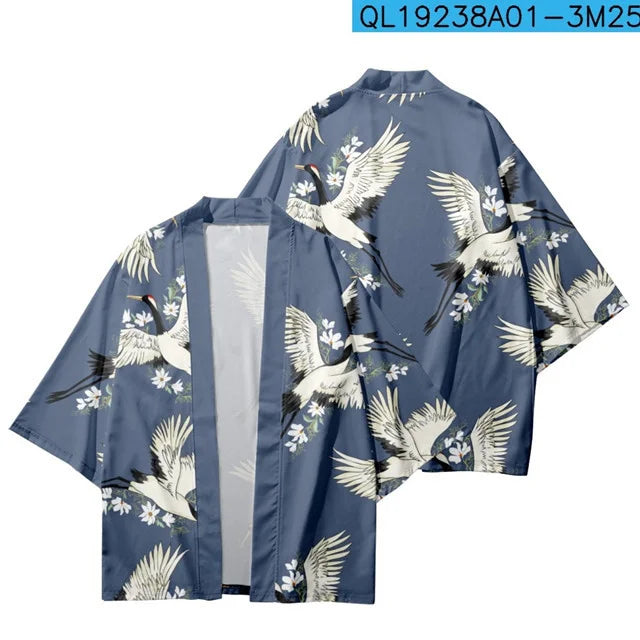 Japanese Style Cosplay Shirt 3D Crane Print For Men Women Traditional Samurai Kimono Haori Japanese Beach Yukata