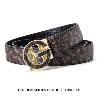 Men's Luxury Automatic Buckle Belt Classic Triangle Pattern PU Leather Business Casual Waistband for Jeans