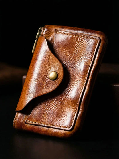 New Slim Short Men's Wallet Vintage Genuine Leather Card Holder Zipper Male Coin Purses High Quality Snap Men Money Clips