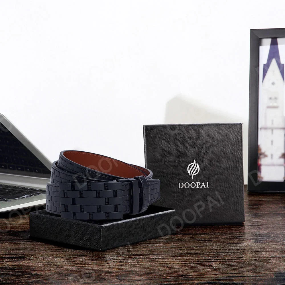 2023 Men Belt Metal Luxury Brand Automatic Buckle Plaid Genuine Leather Belts for Men Waist Strap Black Male