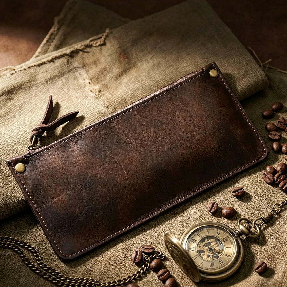 High Quality Genuine Leather Retro Men Wallet Handmade Handbag Phone Pocket Simple Card Bag Big Capacity Soft Male Purses