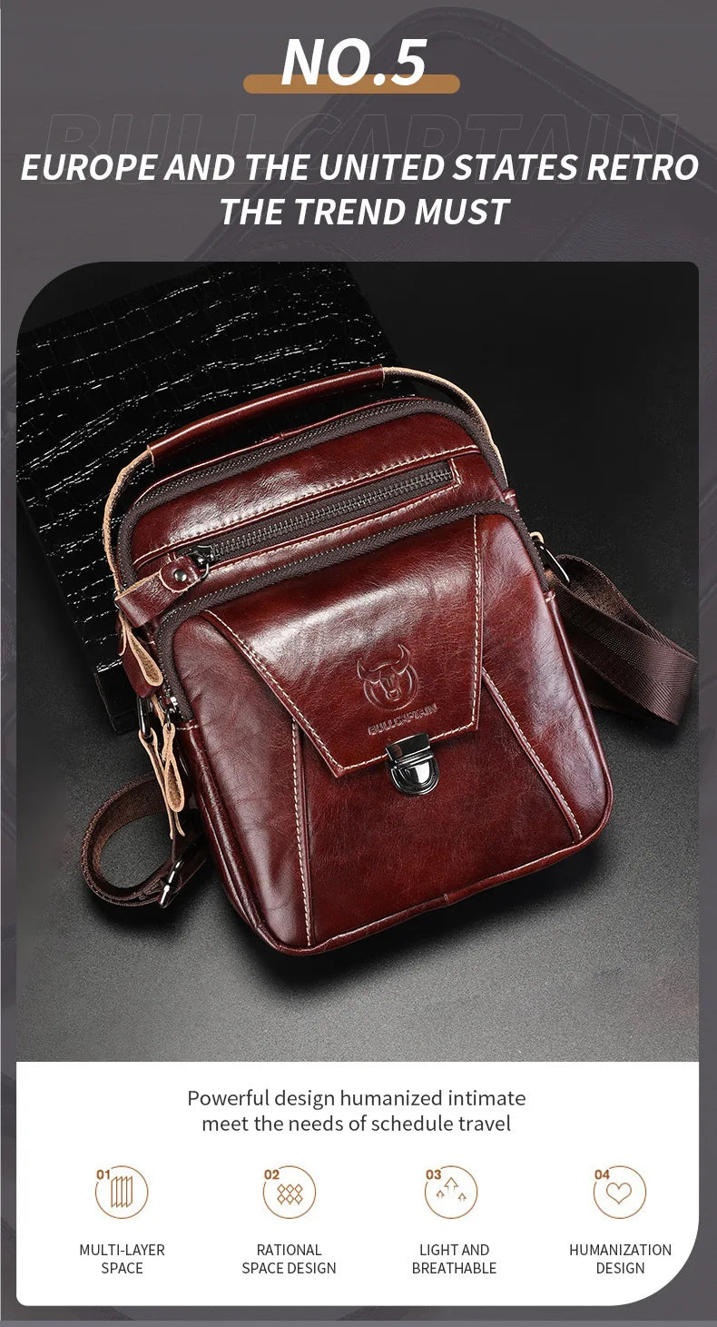 BULLCAPTAIN  Genuine Leather Men's Bag Single Crossbody Bag Shoulder Bag Men's Messenger Bag