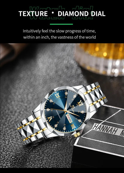 VA VA VOOM Hot Selling Original Blue Gold Creative Design Classic Hot selling Quartz Watch Men Fashion High Quality Rhombus Design Fashion Business Japanese Movement Gold Stainless Steel Fashion Clock Sports Watch for Men Gif