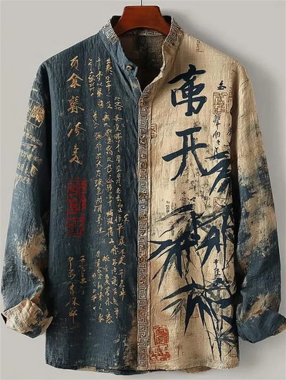New ukiyo-e monkey denim 3D heart print pattern men's long sleeved shirt retro casual shirt clothing