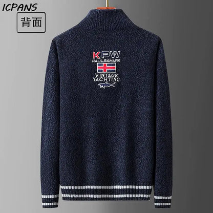White Sweater Male Knitwear Shark Clothing Cotton Wool Jumpers Pullover Coats Jacquard Christmas Knitted Half Turtleneck Zip