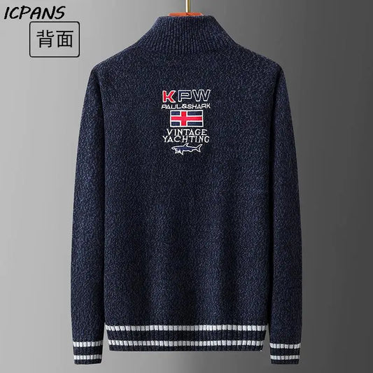 White Sweater Male Knitwear Shark Clothing Cotton Wool Jumpers Pullover Coats Jacquard Christmas Knitted Half Turtleneck Zip