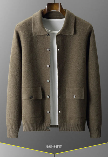 Autumn And Winter 100% Cashmere Cardigan Men's POLO Collar Coat Knitted Baseball Uniform Jacket Bottoming Wool Sweater