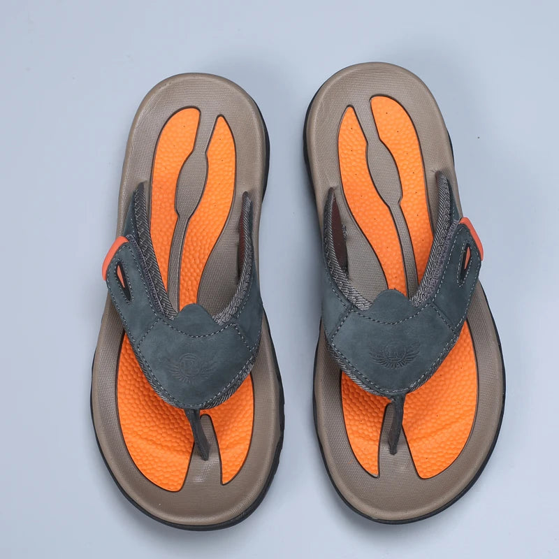 Men Sport Thong Slippers Genuine Leather Upper Adjustable Hook Loop Shock Absorb Anti Slip MD Sole Daily Beach Casual Flip Flops
