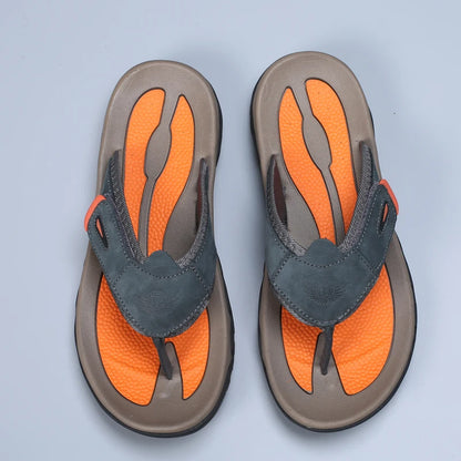 Men Sport Thong Slippers Genuine Leather Upper Adjustable Hook Loop Shock Absorb Anti Slip MD Sole Daily Beach Casual Flip Flops
