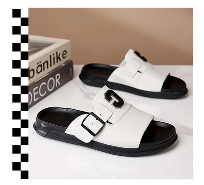 Men Outwear Genuine Leather Slippers for Men Fashion Buckle Designer Summer Flip-flops Male Casual Non-slip Beach Shoes Man