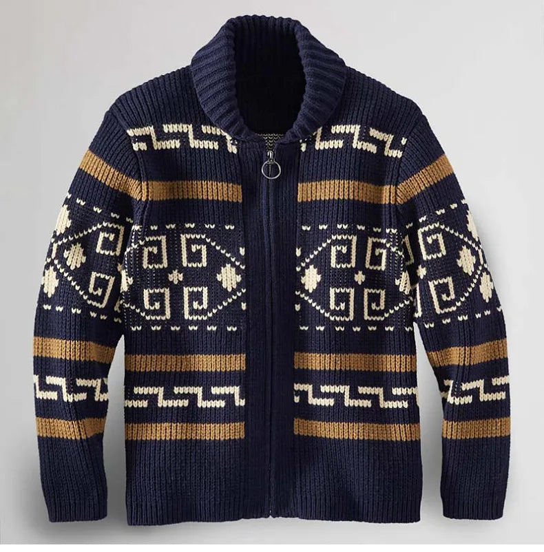Men's Geometric Knit Cardigan Shawl Collar Full Zip-Up Tribal Print Sweater Chunky Ribbed Knit Vintage Navajo-Inspired Jacket