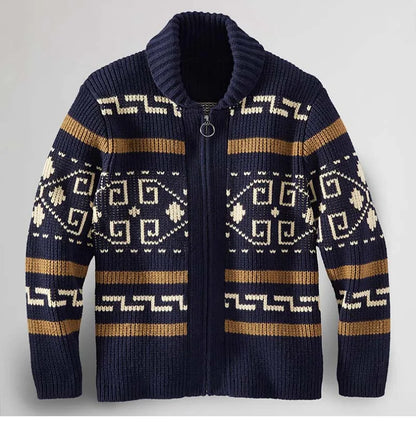 Men's Geometric Knit Cardigan Shawl Collar Full Zip-Up Tribal Print Sweater Chunky Ribbed Knit Vintage Navajo-Inspired Jacket