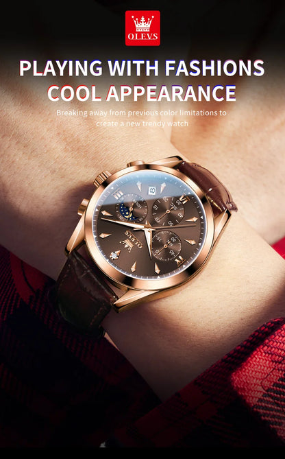 OLEVS Luxury Men's Watches Leather Strap Waterproof Luminous Chronograph Moon Phase Man Watch Top Original Quartz Watch for Men