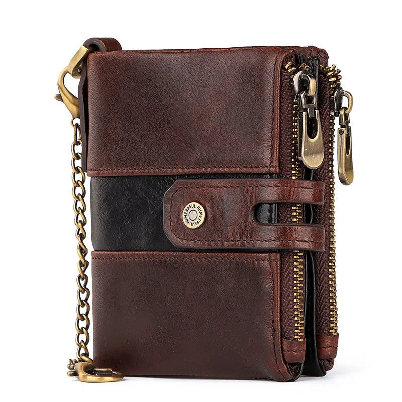 HUMERPAUL Genuine Leather Men's Wallet Fashion Quality Travel Purse Rfid Protect Credit Card Holder Wollst for Men with Chain