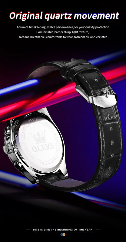 OLEVS 3609 Original Moon Phase Chronograph Watch for Men Leather Waterproof Luminous Luxury Quartz Mens Wristwatches Reloj Mujer