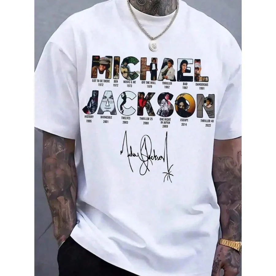 【New Arrival】Michael Jackson Discography T-Shirt, White Cotton Crew Neck, Career Album Covers & Signature Graphic Tee for Fans