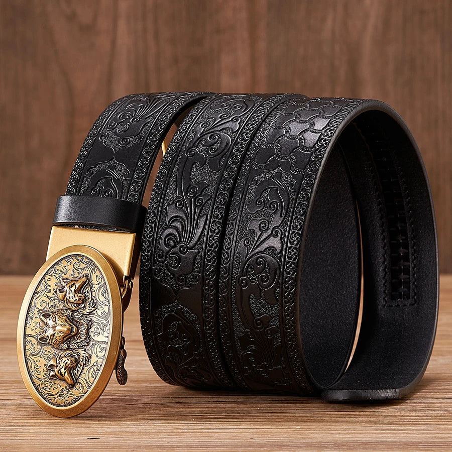 3.5cm Fashion Embossing Retro Male Belts for Men Business Split Leather Belt Dragon Pattern Automatic Buckle Strap
