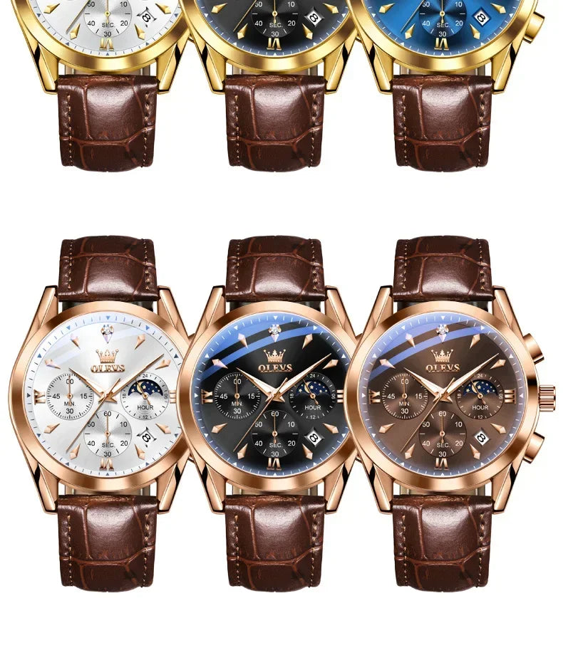 OLEVS 3609 Original Moon Phase Chronograph Watch for Men Leather Waterproof Luminous Luxury Quartz Mens Wristwatches Reloj Mujer