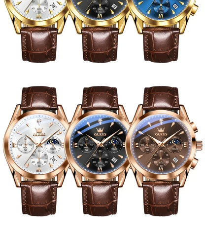 OLEVS 3609 Original Moon Phase Chronograph Watch for Men Leather Waterproof Luminous Luxury Quartz Mens Wristwatches Reloj Mujer