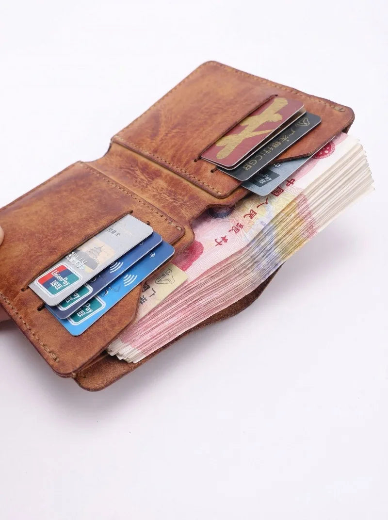 Retro Handcrafted Genuine Leather Small Wallet for Men, Vintage Durable EDC Card Holder, Men Multi-card Slots Organizer Wallet
