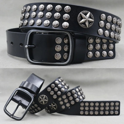 Designer Brand Belt Men Rivet Real Leather Pin Belt Male Black Rock Genuine Leather Cowhide Luxury Punk Belt Jeans