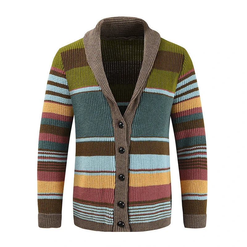 Trendy Mens Knitted Cardigans 2025 Spring Casual Button-up Lapel Sweatercoats Men Vintage Rainbow Striped Sweater Jacket Coats