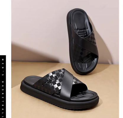 Summer New Fashion Outside Wear Slippers for Men Business Casual Black Leisure Genuine Leather Beach Shoes Slippers Man