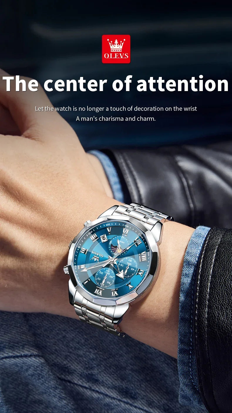 OLEVS 3675 Luxury Calendar Stainless Steel Quartz Mens Wristwatches Chronograph Waterproof Watch for Men Luminous Reloj Hombre