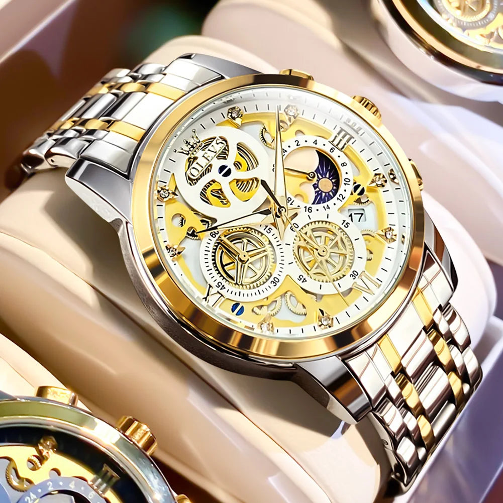 OLEVS 9947 Men's Watches Top Brand Luxury Original Waterproof Quartz Watch for Man Gold Skeleton Style 24 Hour Day Night New
