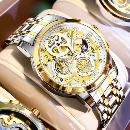 OLEVS 9947 Men's Watches Top Brand Luxury Original Waterproof Quartz Watch for Man Gold Skeleton Style 24 Hour Day Night New