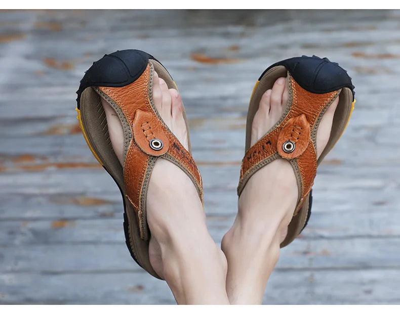 Genuine Cow Leather Shoes Men Sandals Flip Flops Men's Casual Shoes Classic Massage Men Beach Slippers Anti-slip Summer 2025 New