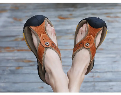 Genuine Cow Leather Shoes Men Sandals Flip Flops Men's Casual Shoes Classic Massage Men Beach Slippers Anti-slip Summer 2025 New